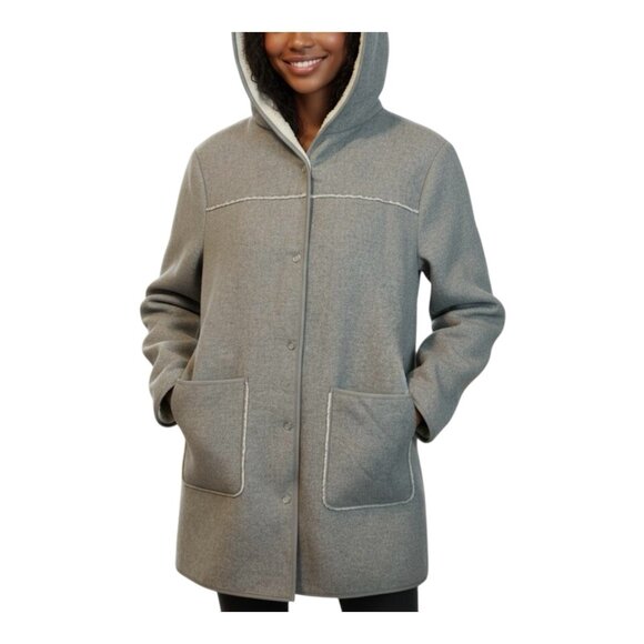Mo-Ka Faux Shearling Gray Jacket Coat Large Button Closure Hood Pockets NWT - Picture 1 of 8